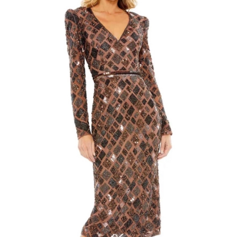 Mac Duggal Diamond Bead Long Sleeve Midi Dress